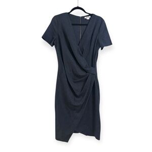 Helmut Lang Midnight Blue Draped Midi Dress 100% Wool with Leather Trim size L